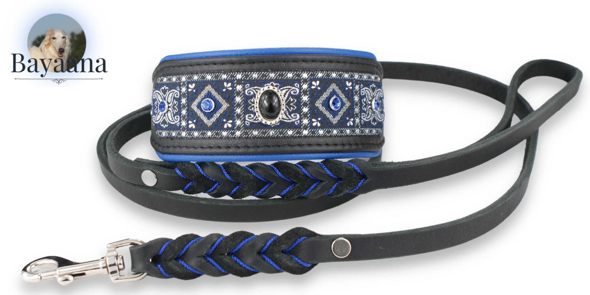 Sighthound Collar with a matching Oiled leather lead in colour black and blue