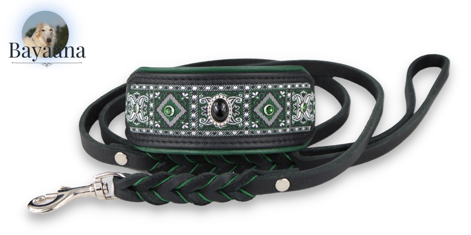 Sighthound Collar with a matching oiled leather lead in Black and Green